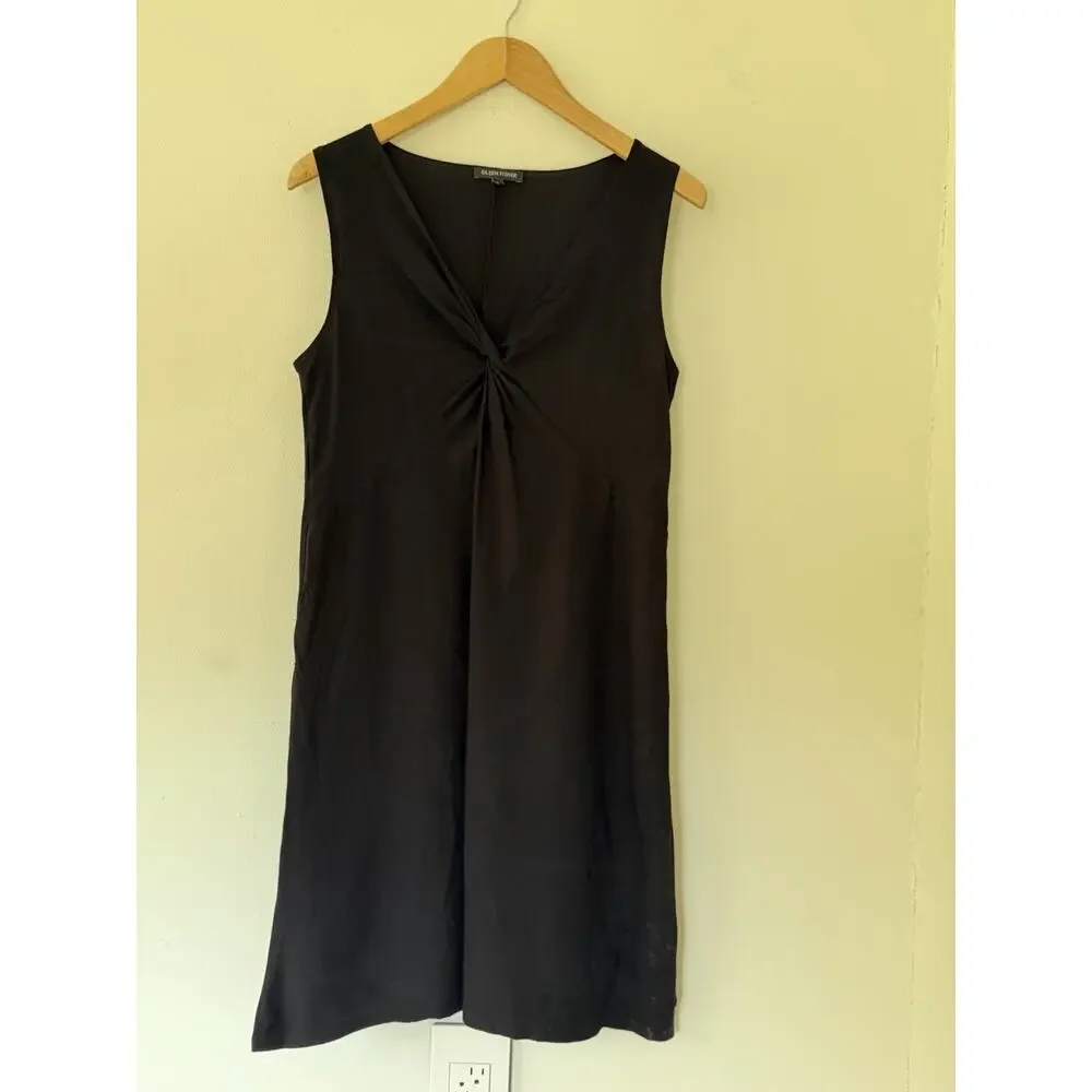 Eileen Fisher Stretch Jersey Twist Front Sleevless Black Dress Size Medium